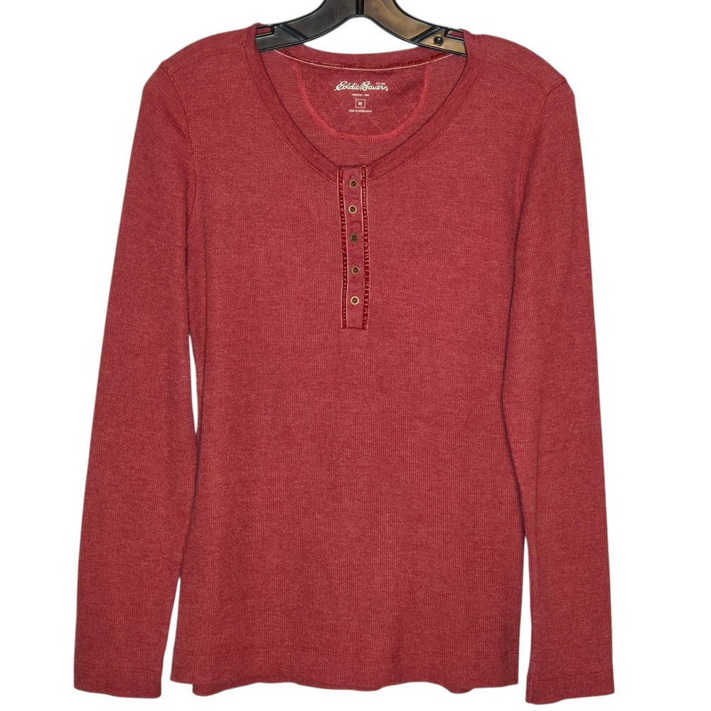 Eddie Bauer Red Thermal Henley Shirt Medium Long Sleeve V-Neck Ribbed Cotton